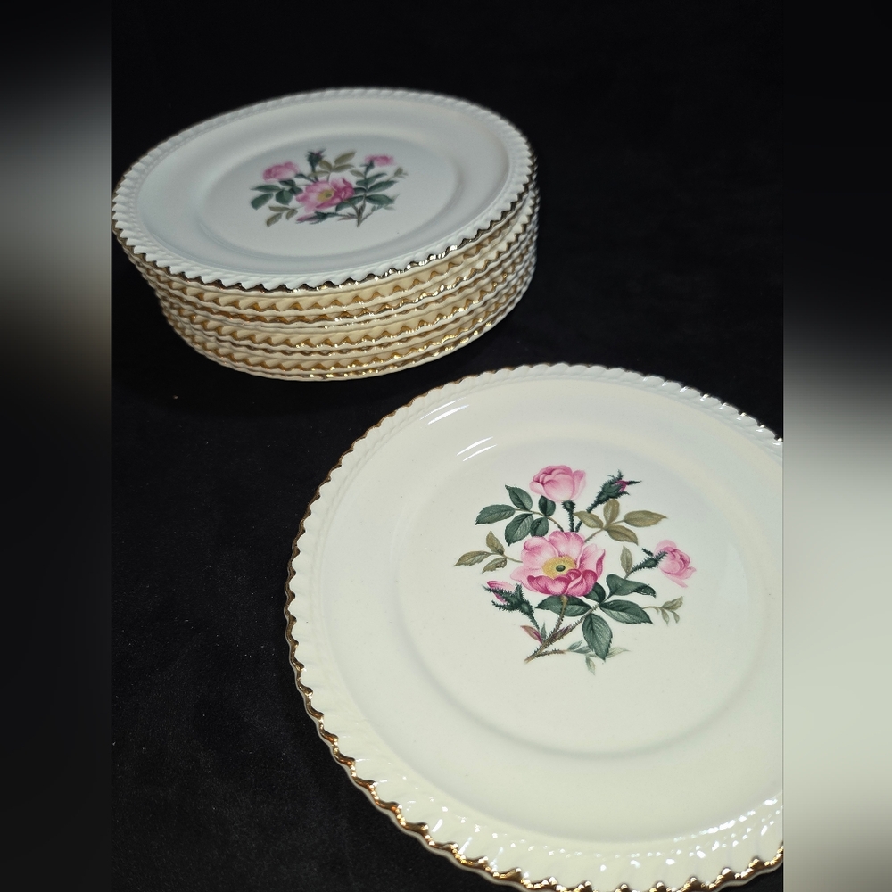 Cottage Core Vtg 22kt. Gold Rim Harker Pottery Company Wild Rose 6" Plates
